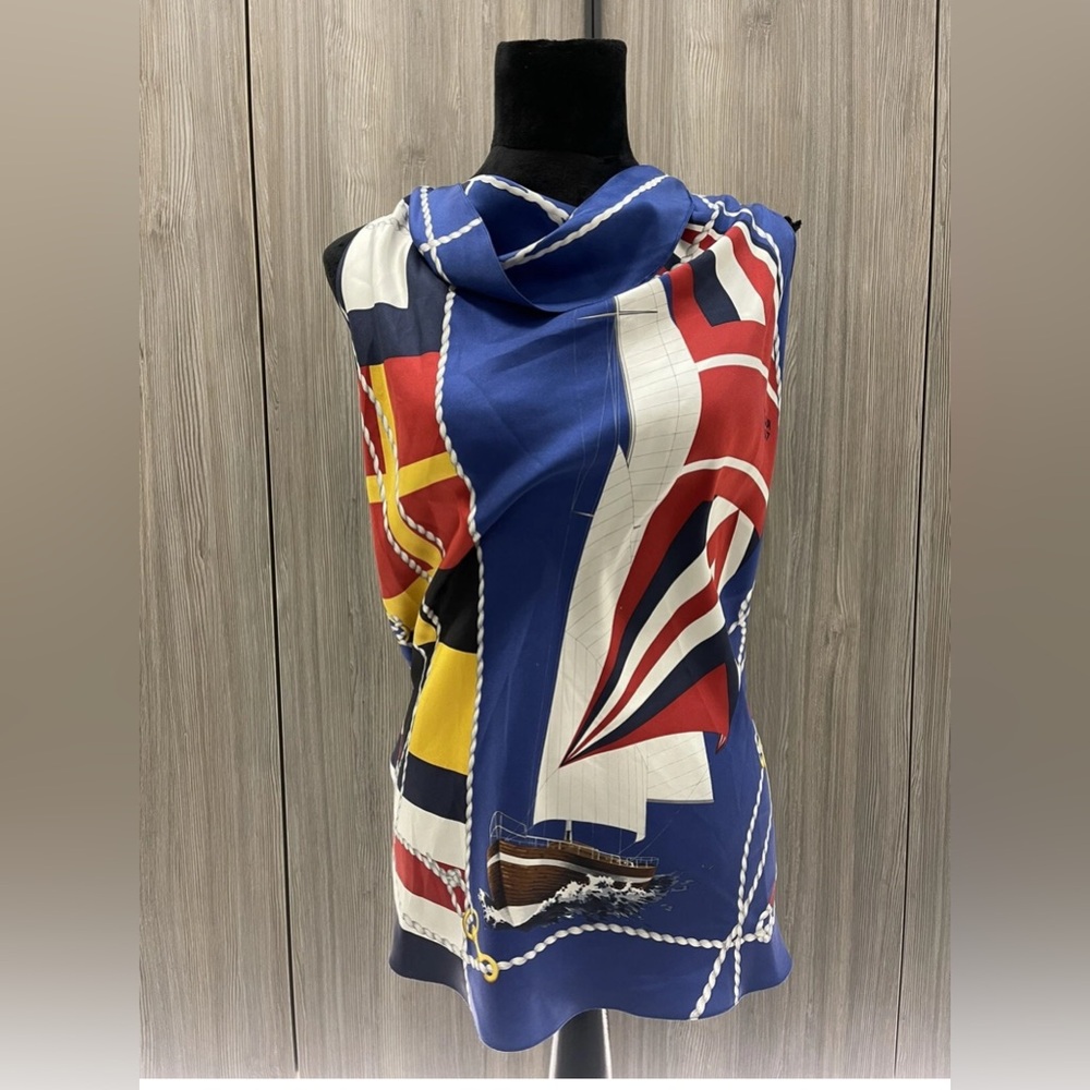 RALPH LAUREN Nautical Themed Scarf Halter silk top XS